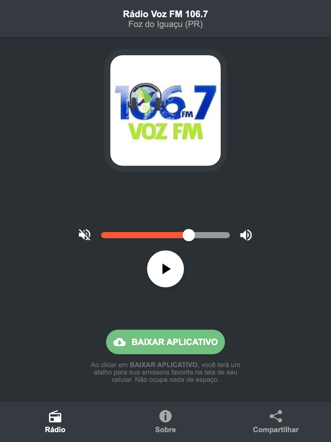 Screenshot do aplicativo da Rádio Voz FM 106.7