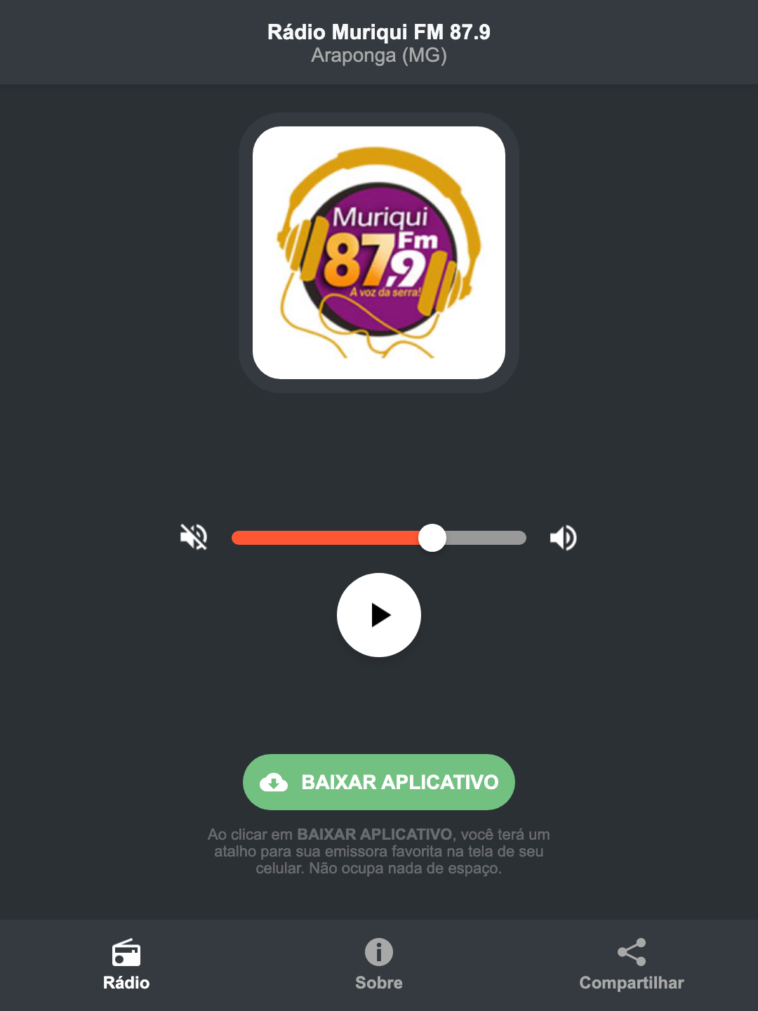 Screenshot do aplicativo da Rádio Muriqui FM 87.9