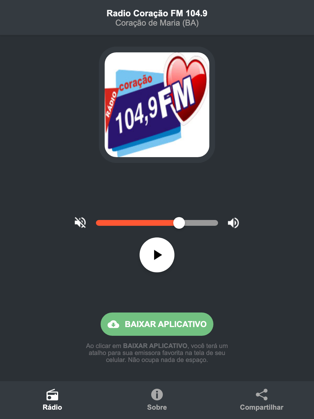 Screenshot do aplicativo da Radio Coração FM 104.9