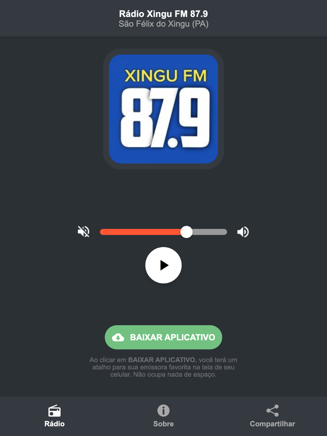 Screenshot do aplicativo da Rádio Xingu FM 87.9