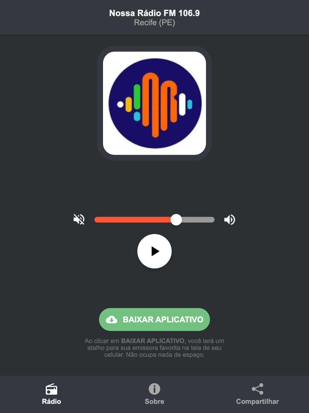 Screenshot do aplicativo da Nossa Rádio FM 106.9
