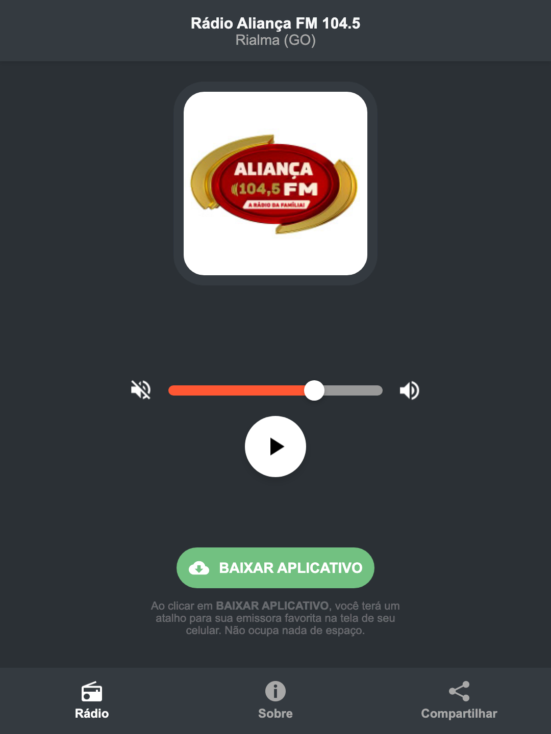 Screenshot do aplicativo da Rádio Aliança FM 104.5