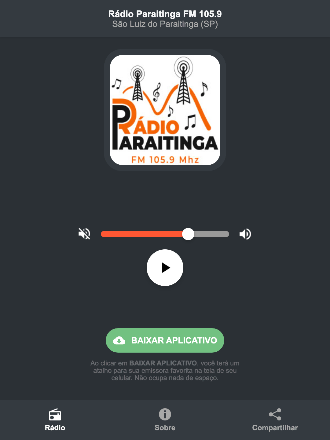Screenshot do aplicativo da Rádio Paraitinga FM 105.9