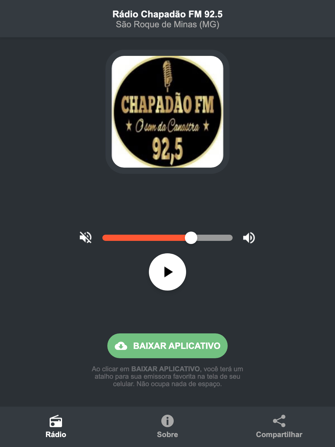 Screenshot do aplicativo da Rádio Chapadão FM 92.5