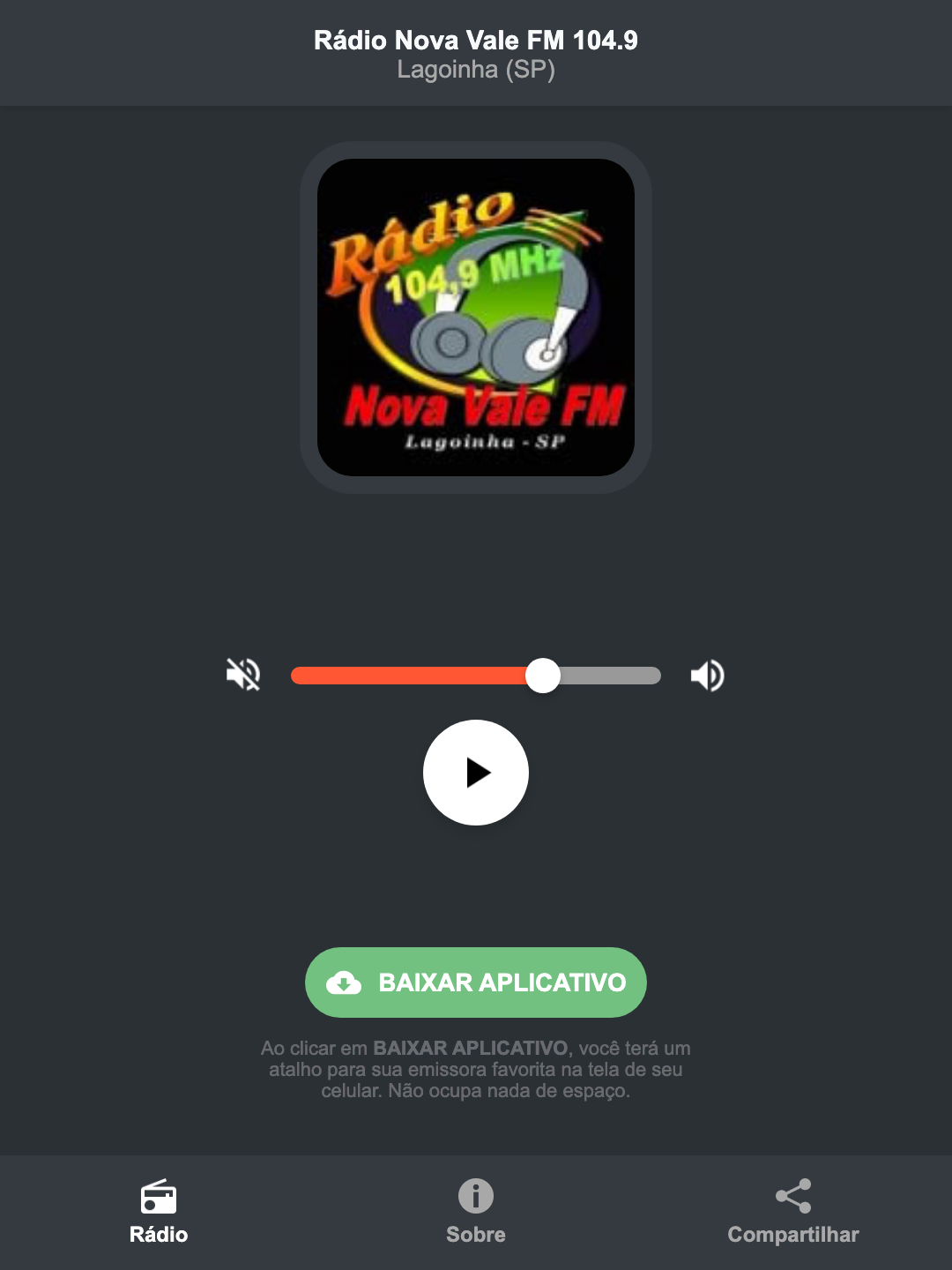 Screenshot do aplicativo da Rádio Nova Vale FM 104.9