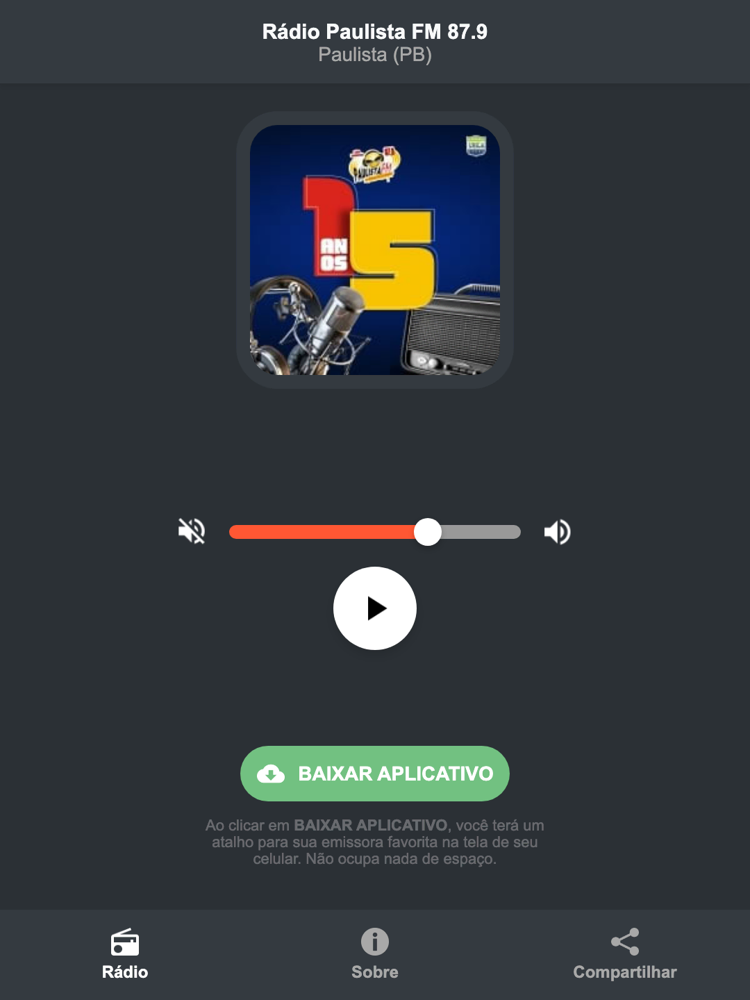 Screenshot do aplicativo da Rádio Paulista FM 87.9