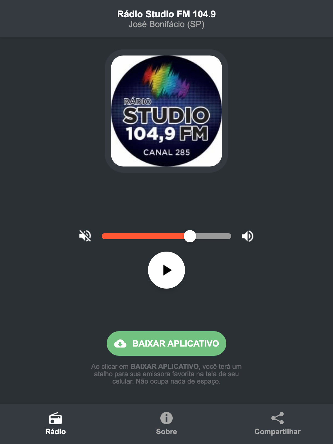 Screenshot do aplicativo da Rádio Studio FM 104.9
