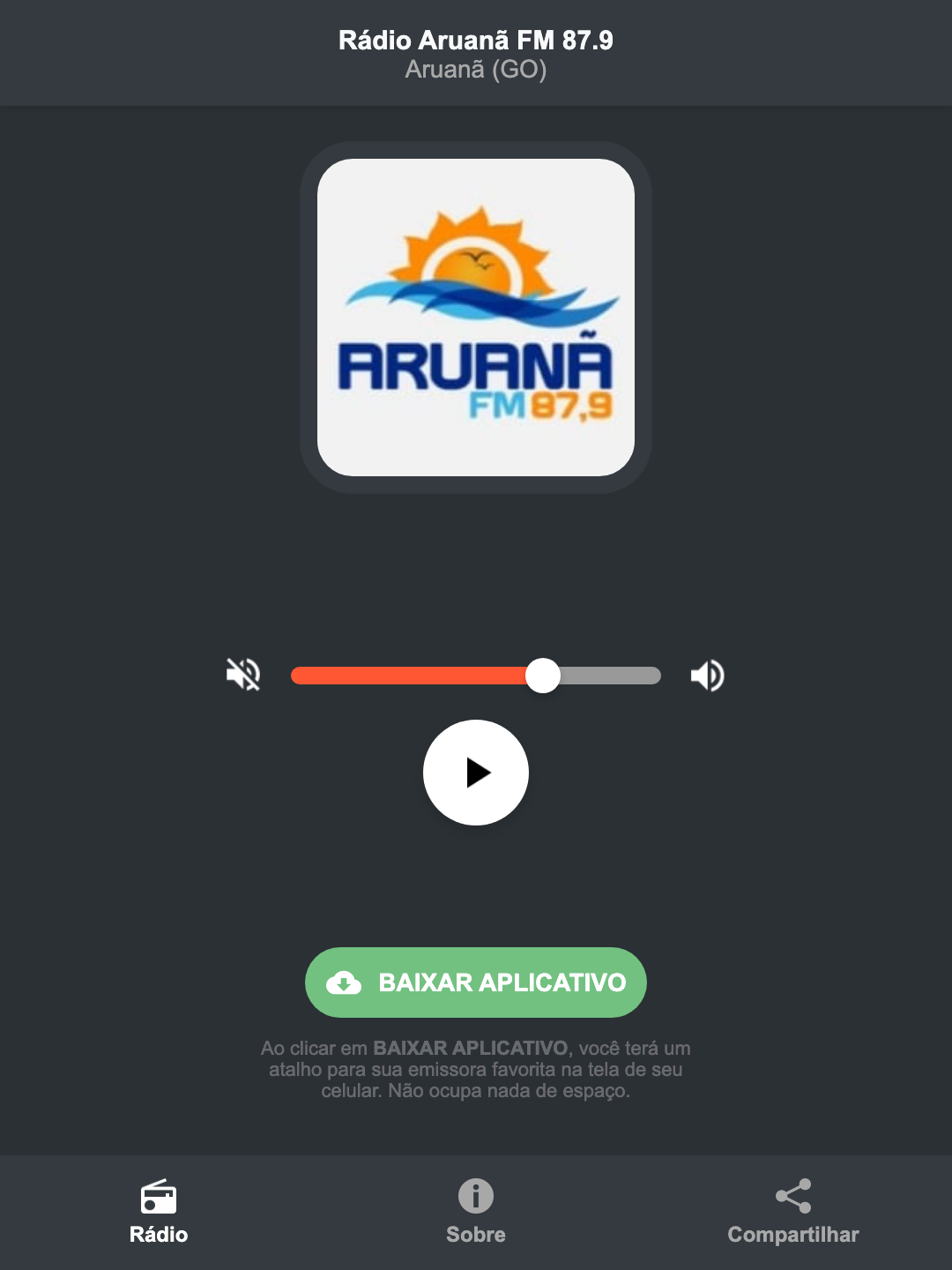 Screenshot do aplicativo da Rádio Aruanã FM 87.9