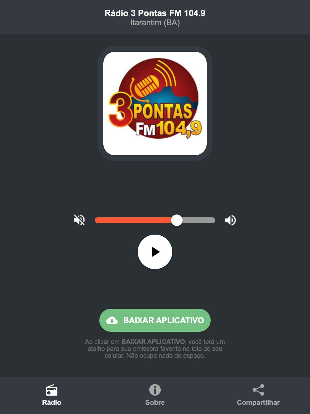 Screenshot do aplicativo da Rádio 3 Pontas FM 104.9