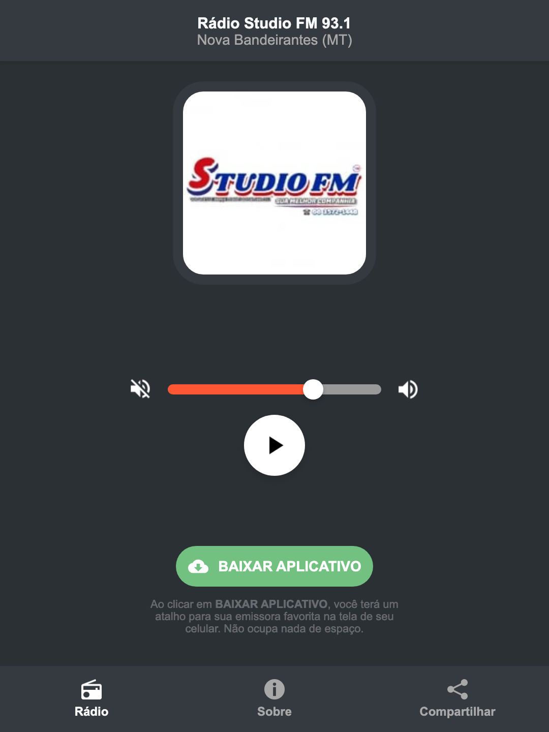 Screenshot do aplicativo da Rádio Studio FM 93.1