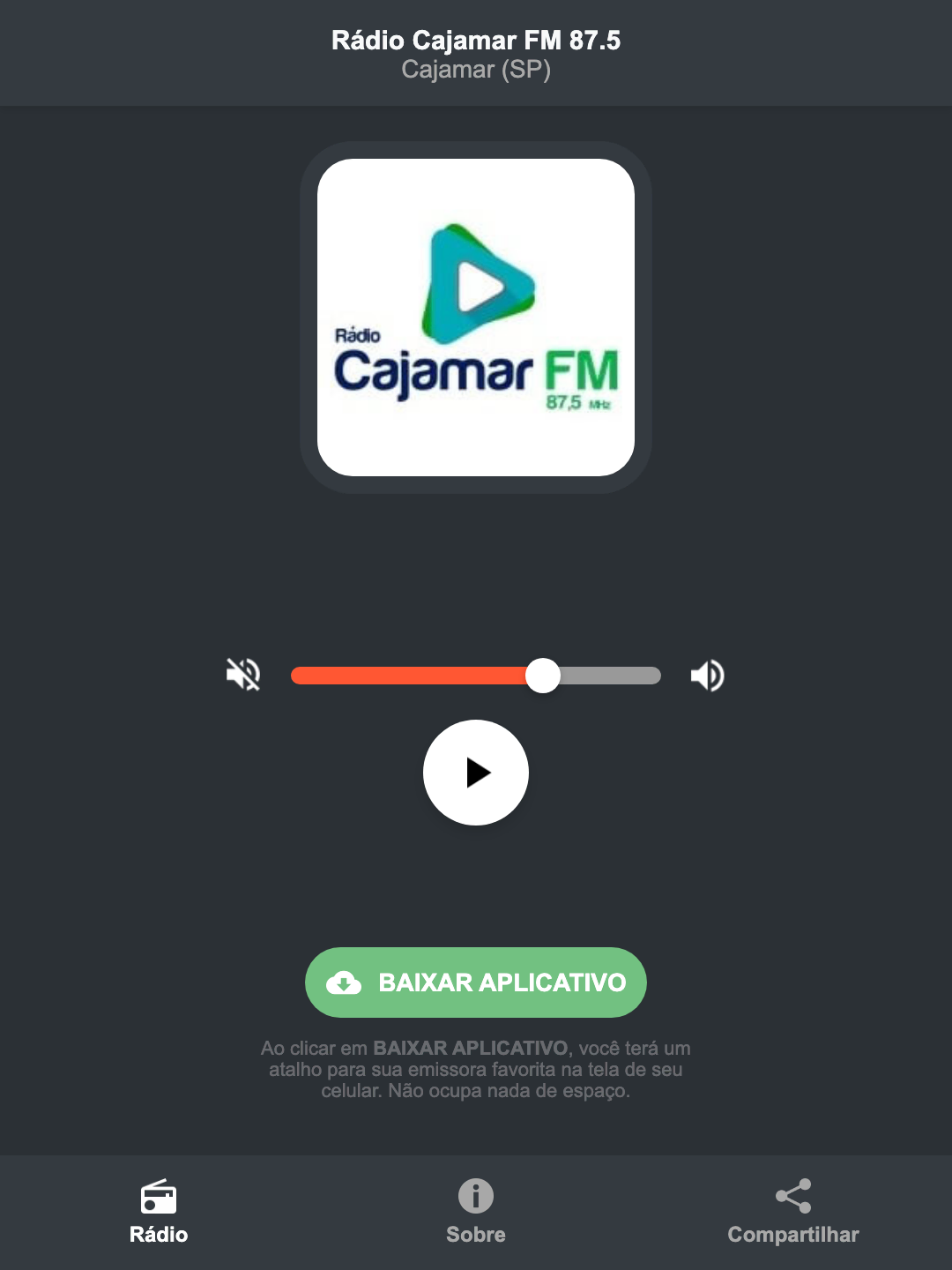 Screenshot do aplicativo da Rádio Cajamar FM 87.5