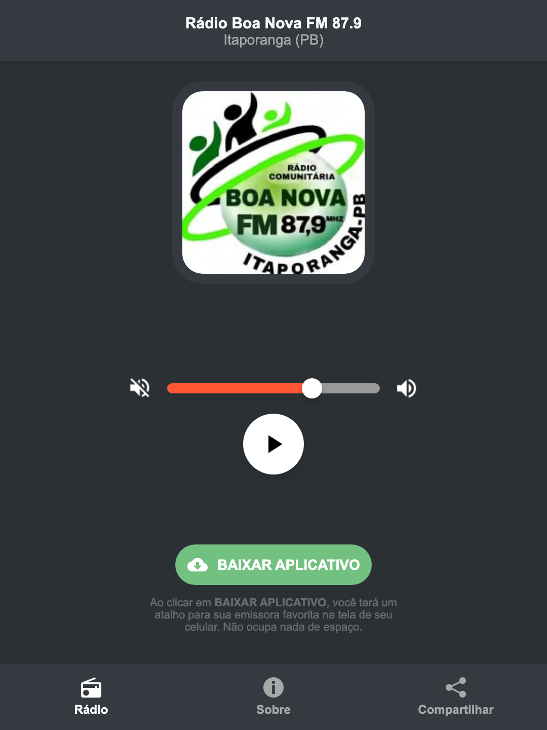 Screenshot do aplicativo da Rádio Boa Nova FM 87.9