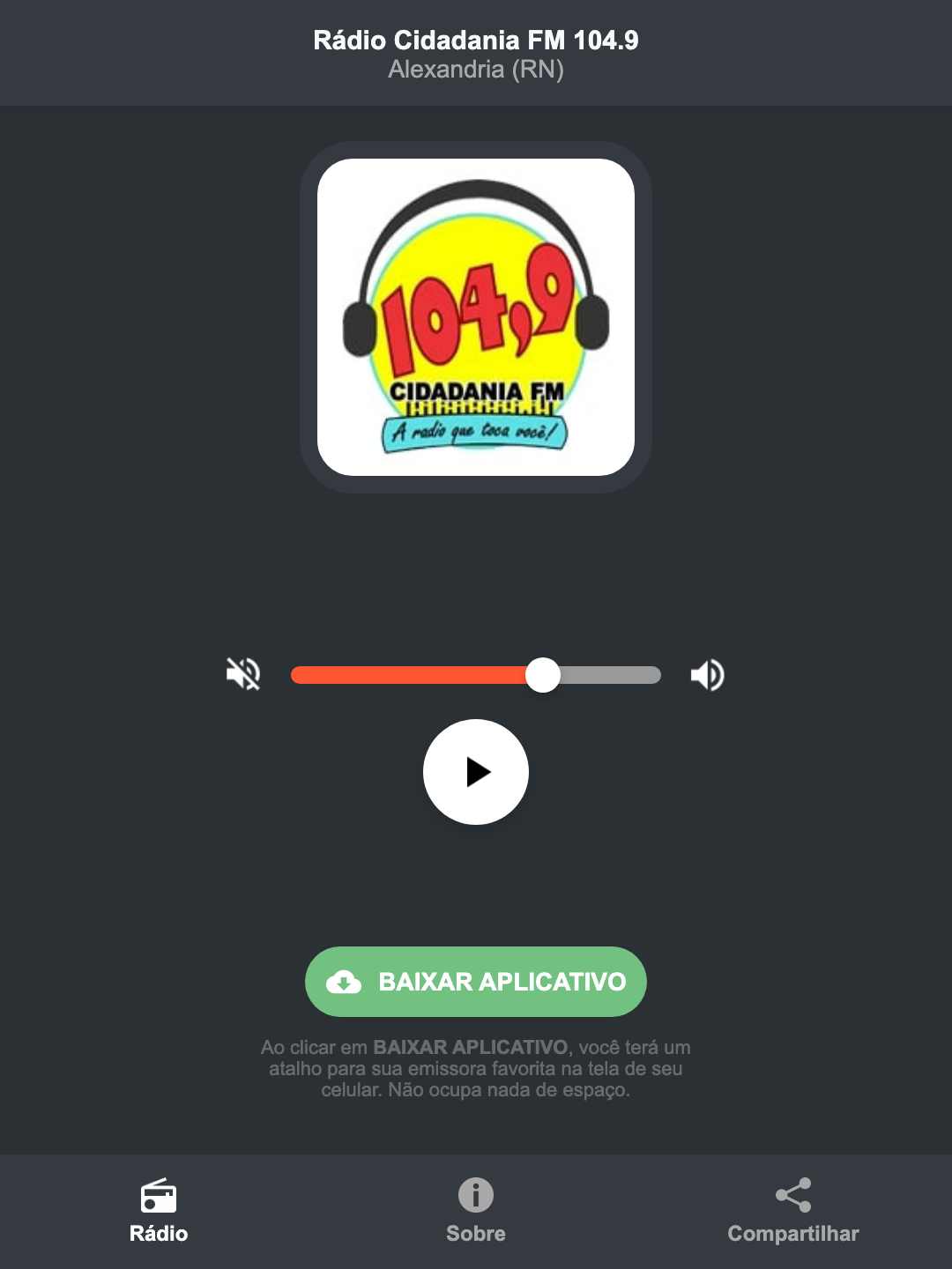Screenshot do aplicativo da Rádio Cidadania FM 104.9