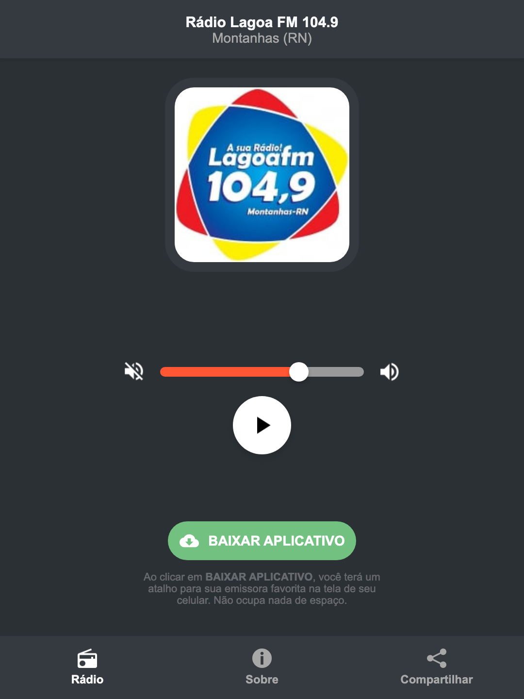 Screenshot do aplicativo da Rádio Lagoa FM 104.9