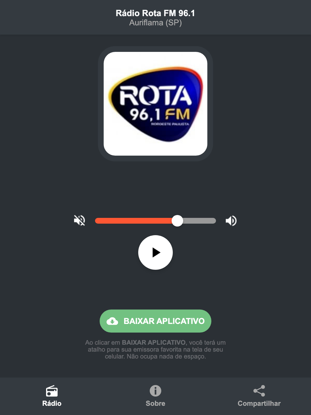 Screenshot do aplicativo da Rádio Rota FM 96.1