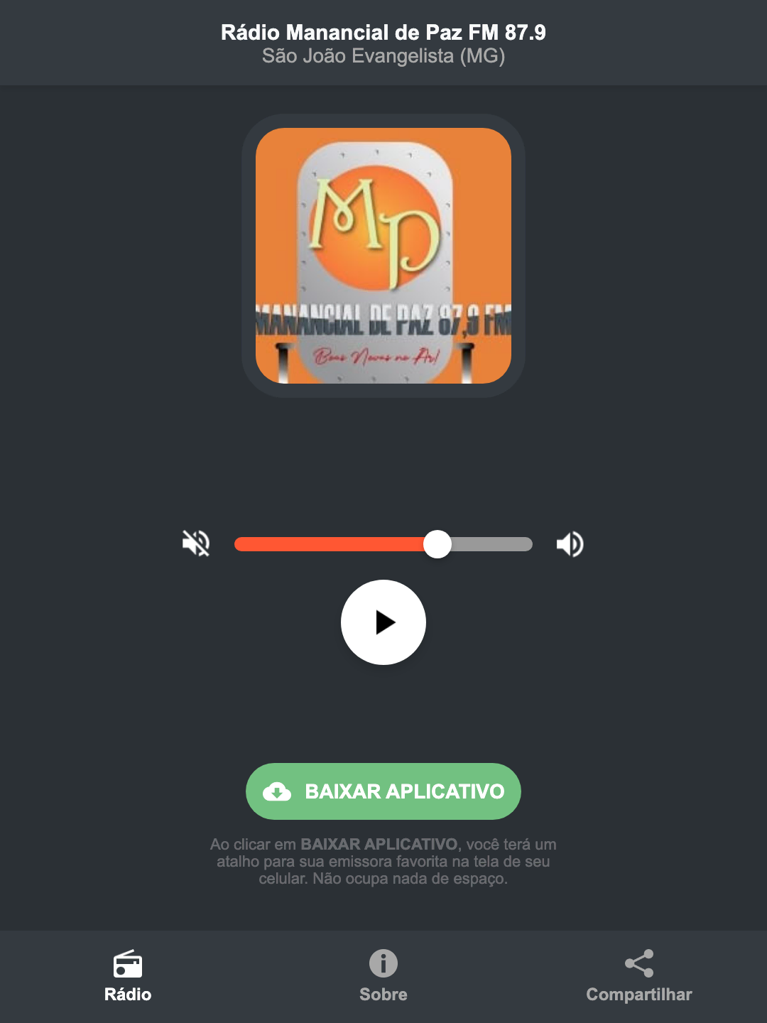 Screenshot do aplicativo da Rádio Manancial de Paz FM 87.9