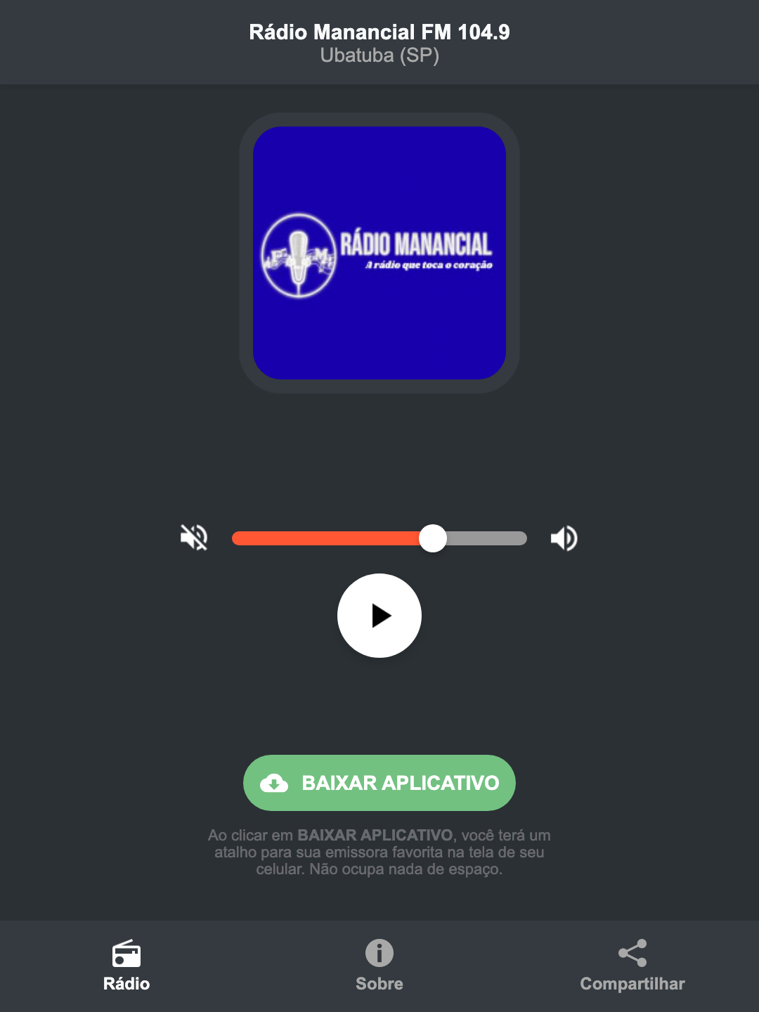 Screenshot do aplicativo da Rádio Manancial FM 104.9
