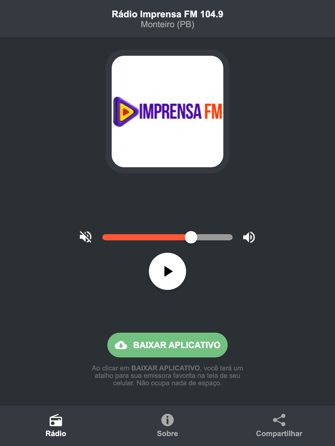 Screenshot do aplicativo da Rádio Imprensa FM 104.9