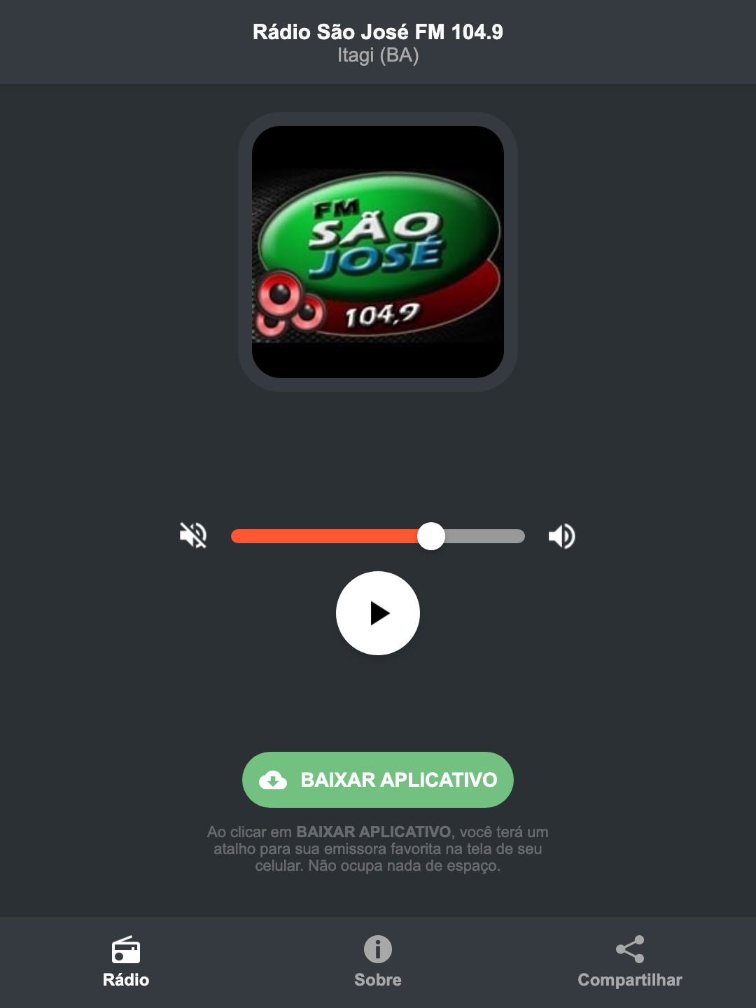 Screenshot do aplicativo da Rádio São José FM 104.9