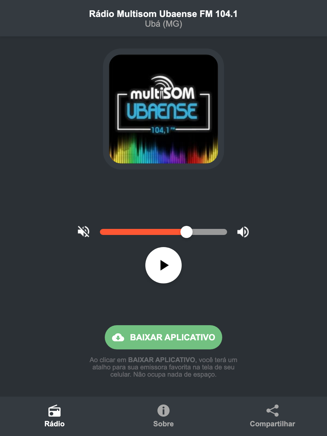 Screenshot do aplicativo da Rádio Multisom Ubaense FM 104.1