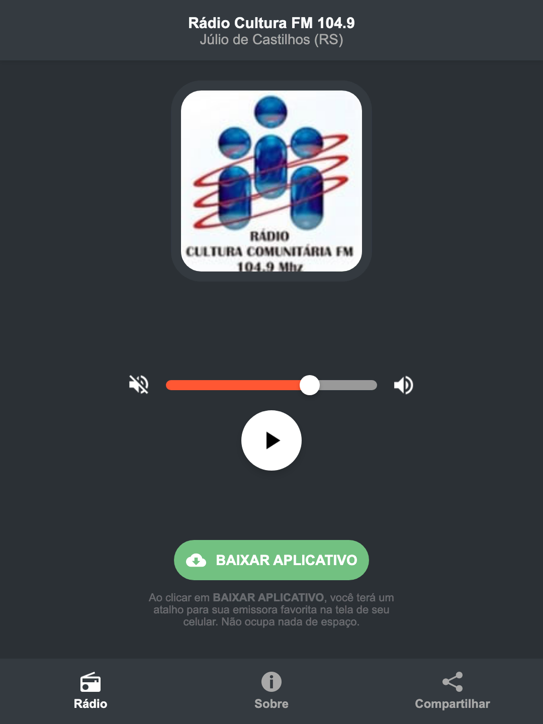 Screenshot do aplicativo da Rádio Cultura FM 104.9