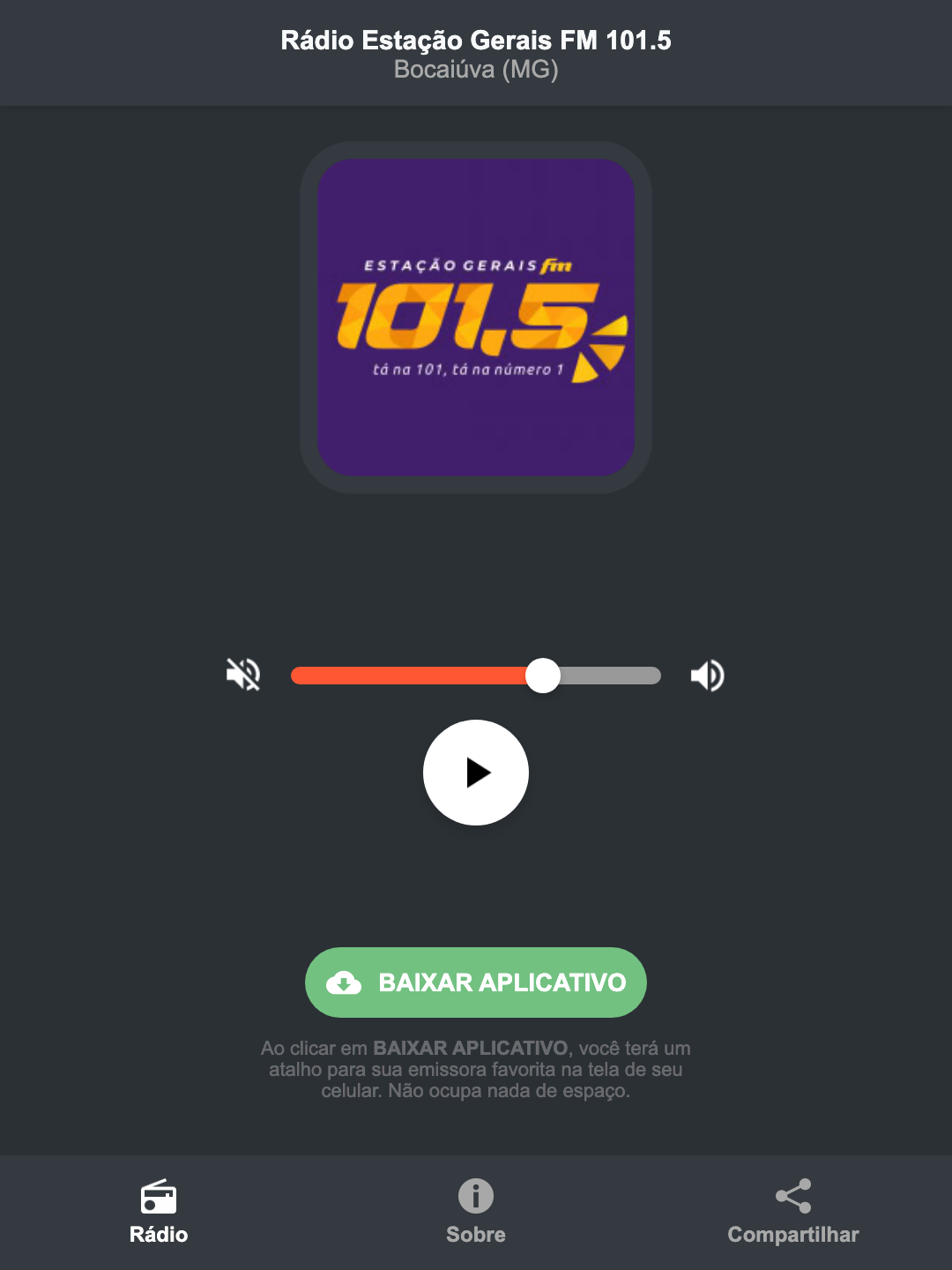 Screenshot do aplicativo da Rádio Estação Gerais FM 101.5