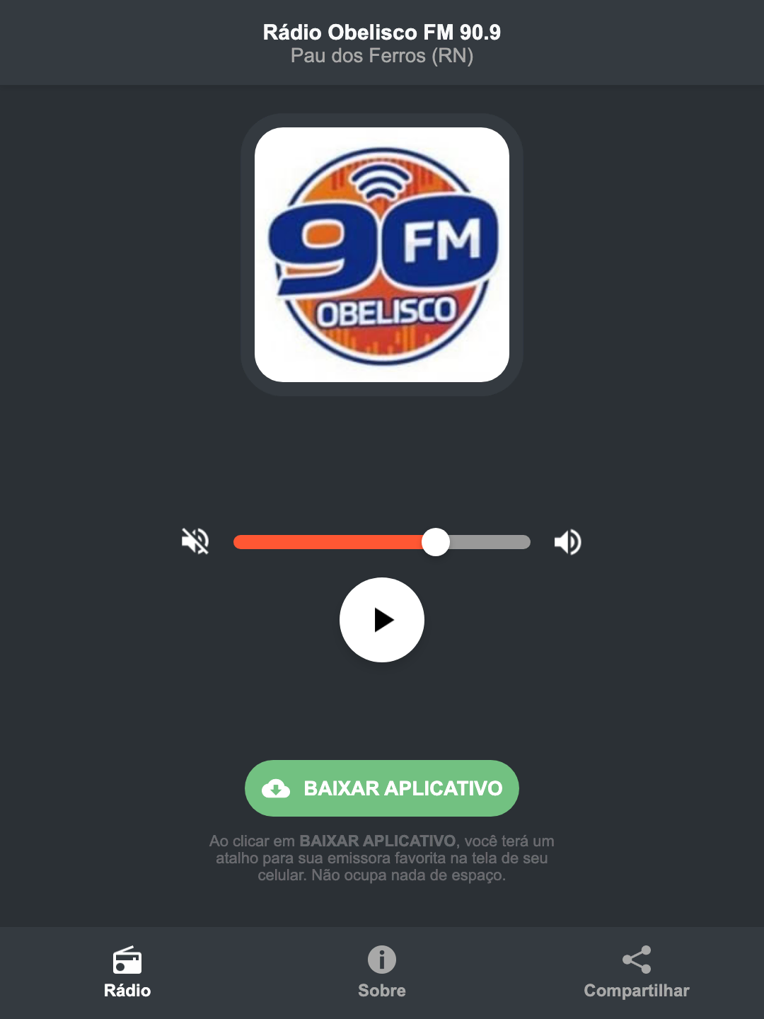 Screenshot do aplicativo da Rádio Obelisco FM 90.9