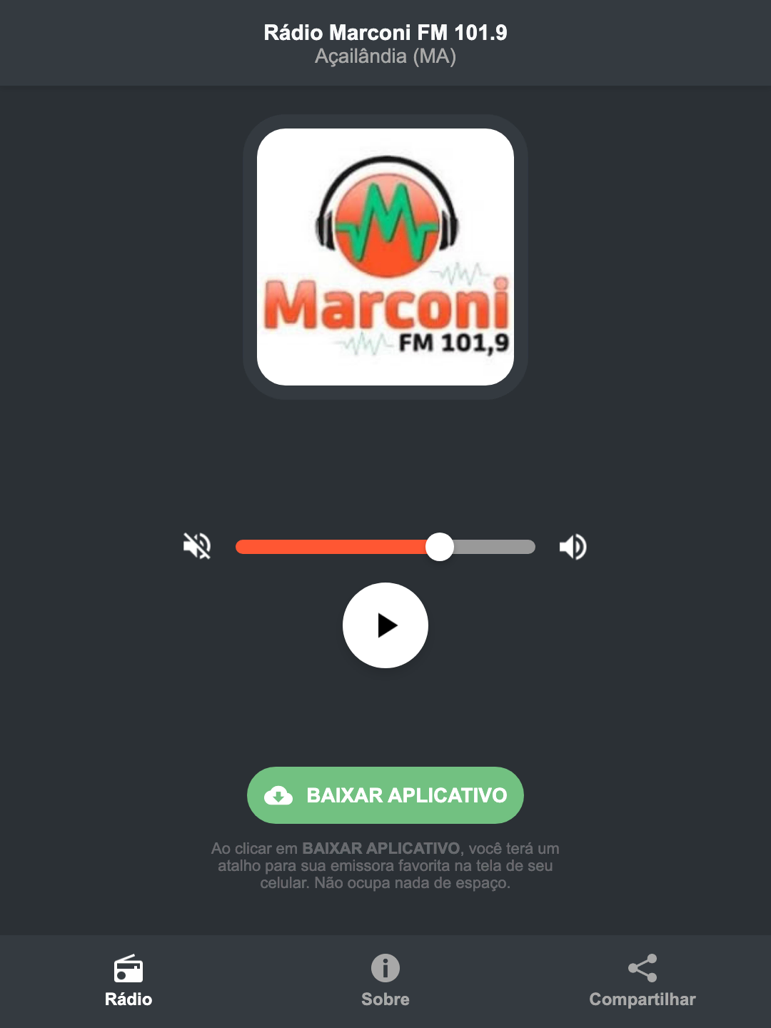 Screenshot do aplicativo da Rádio Marconi FM 101.9