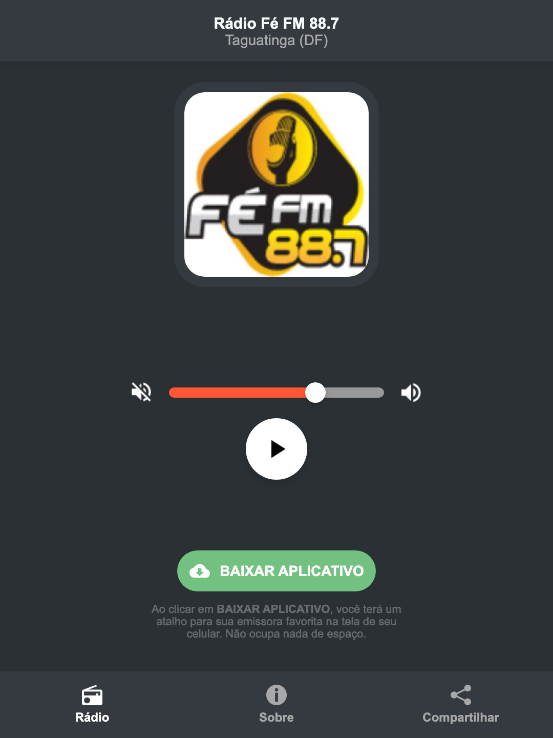 Screenshot do aplicativo da Rádio Fé FM 88.7