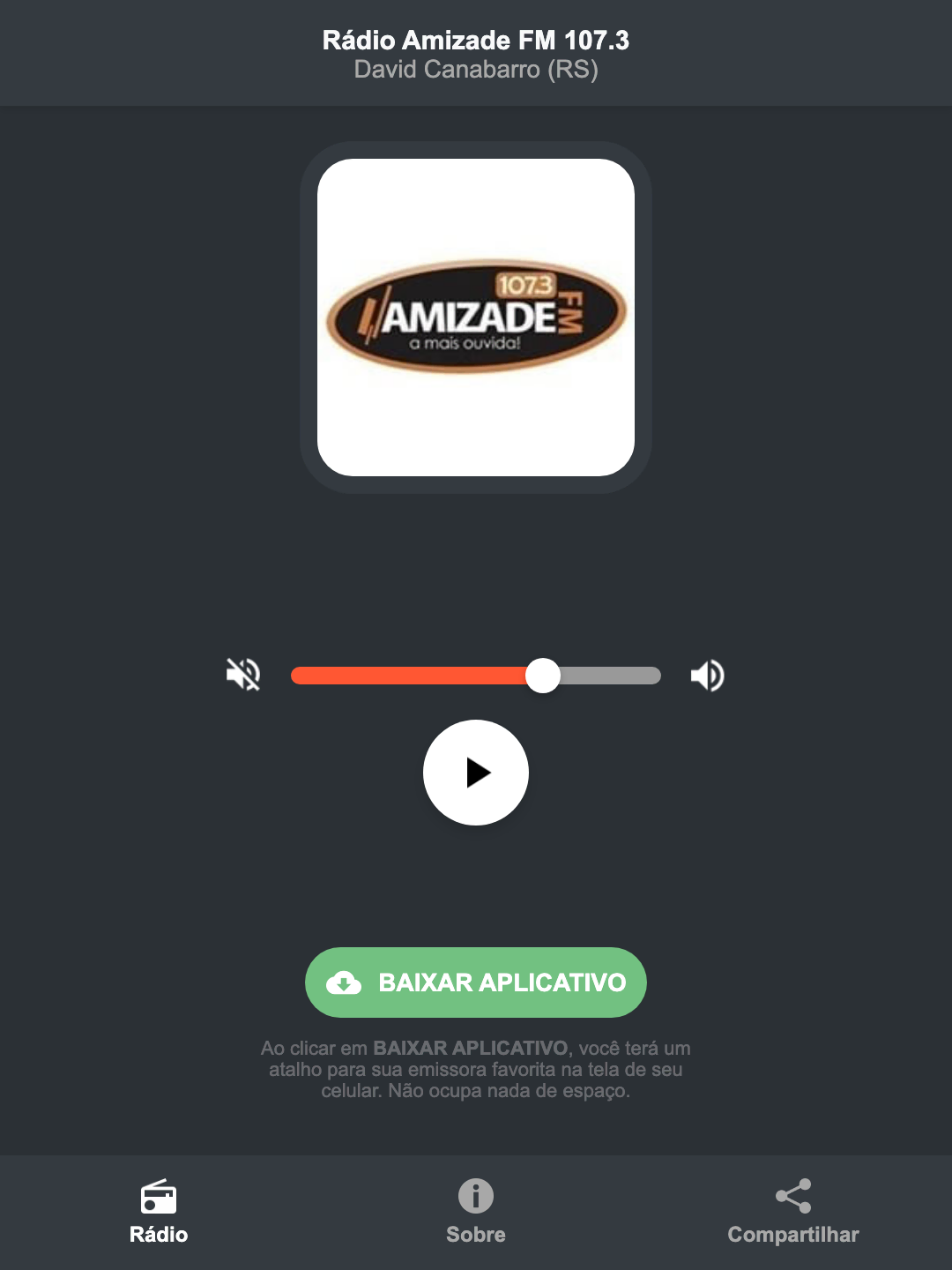 Screenshot do aplicativo da Rádio Amizade FM 107.3