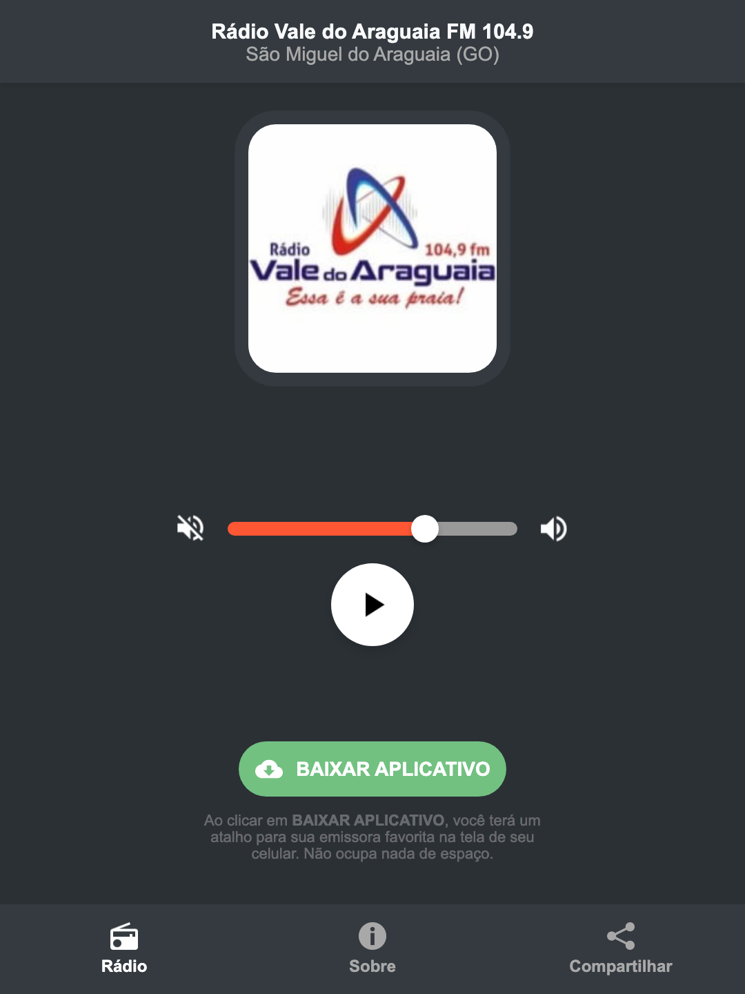 Screenshot do aplicativo da Rádio Vale do Araguaia FM 104.9