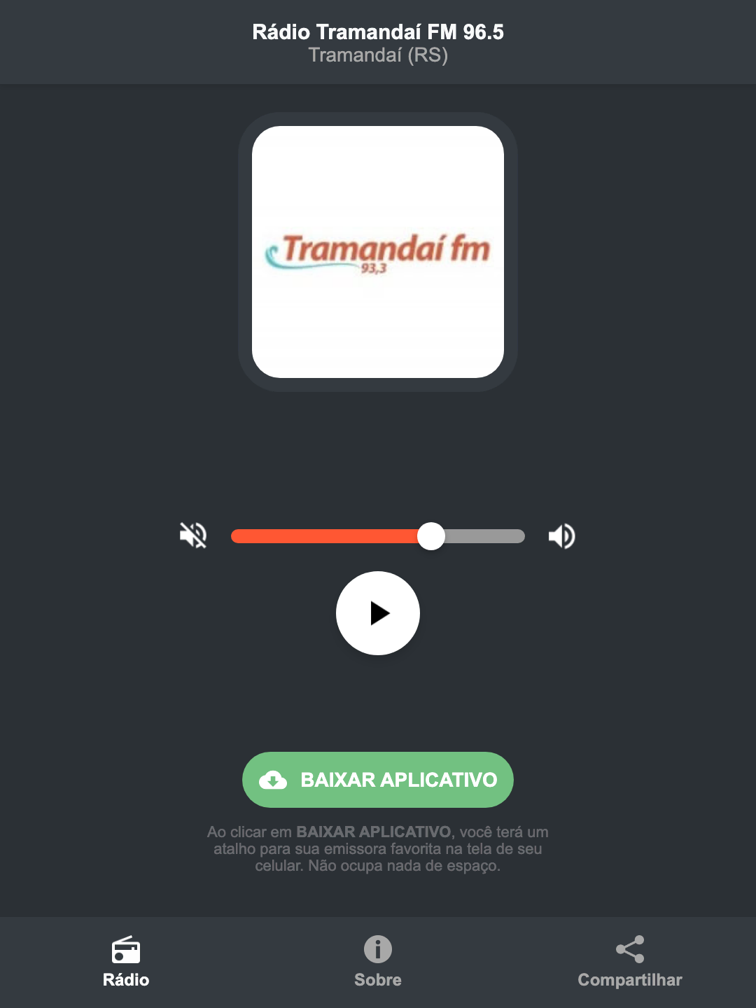 Screenshot do aplicativo da Rádio Tramandaí FM 96.5