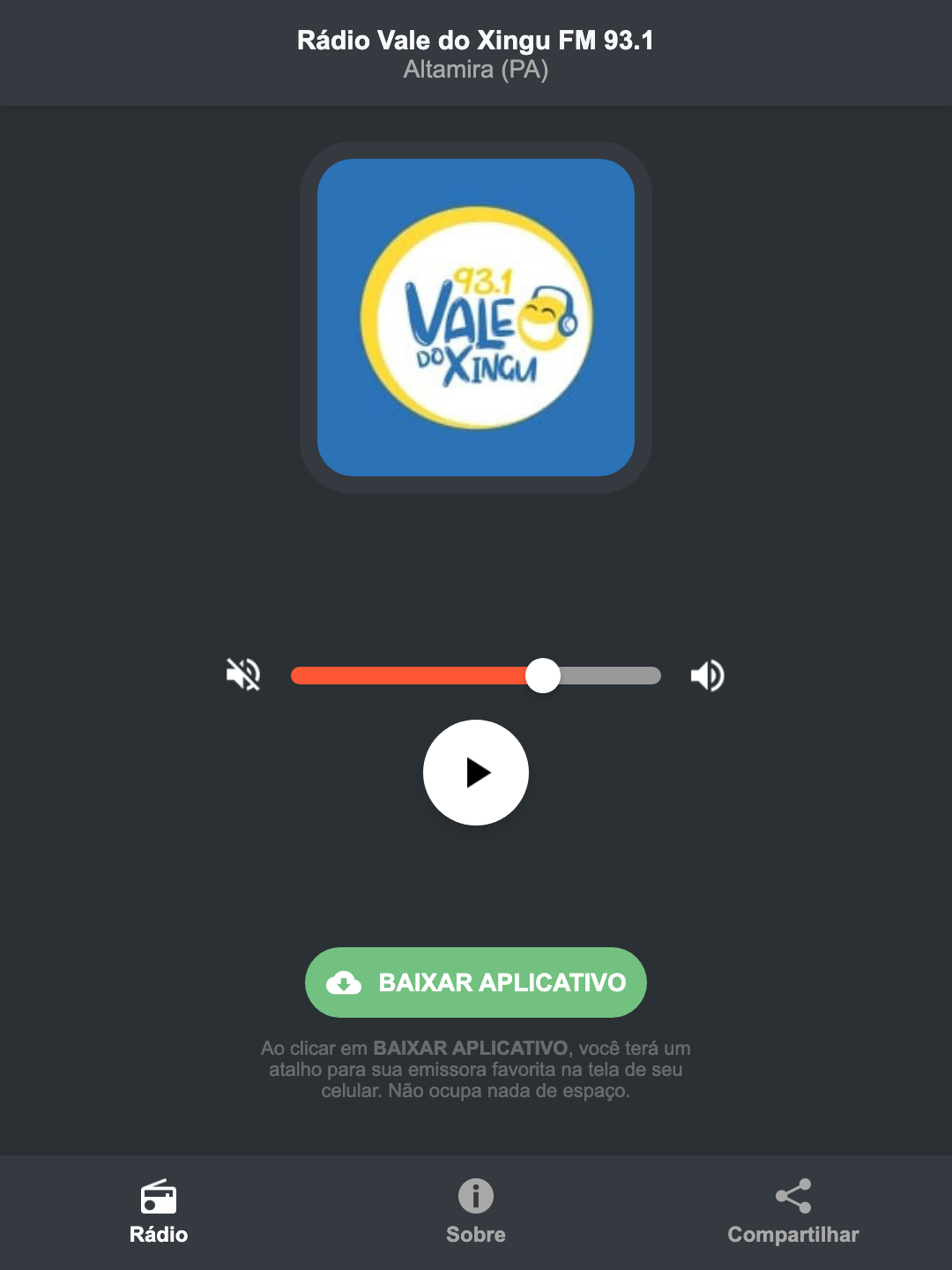 Screenshot do aplicativo da Rádio Vale do Xingu FM 93.1