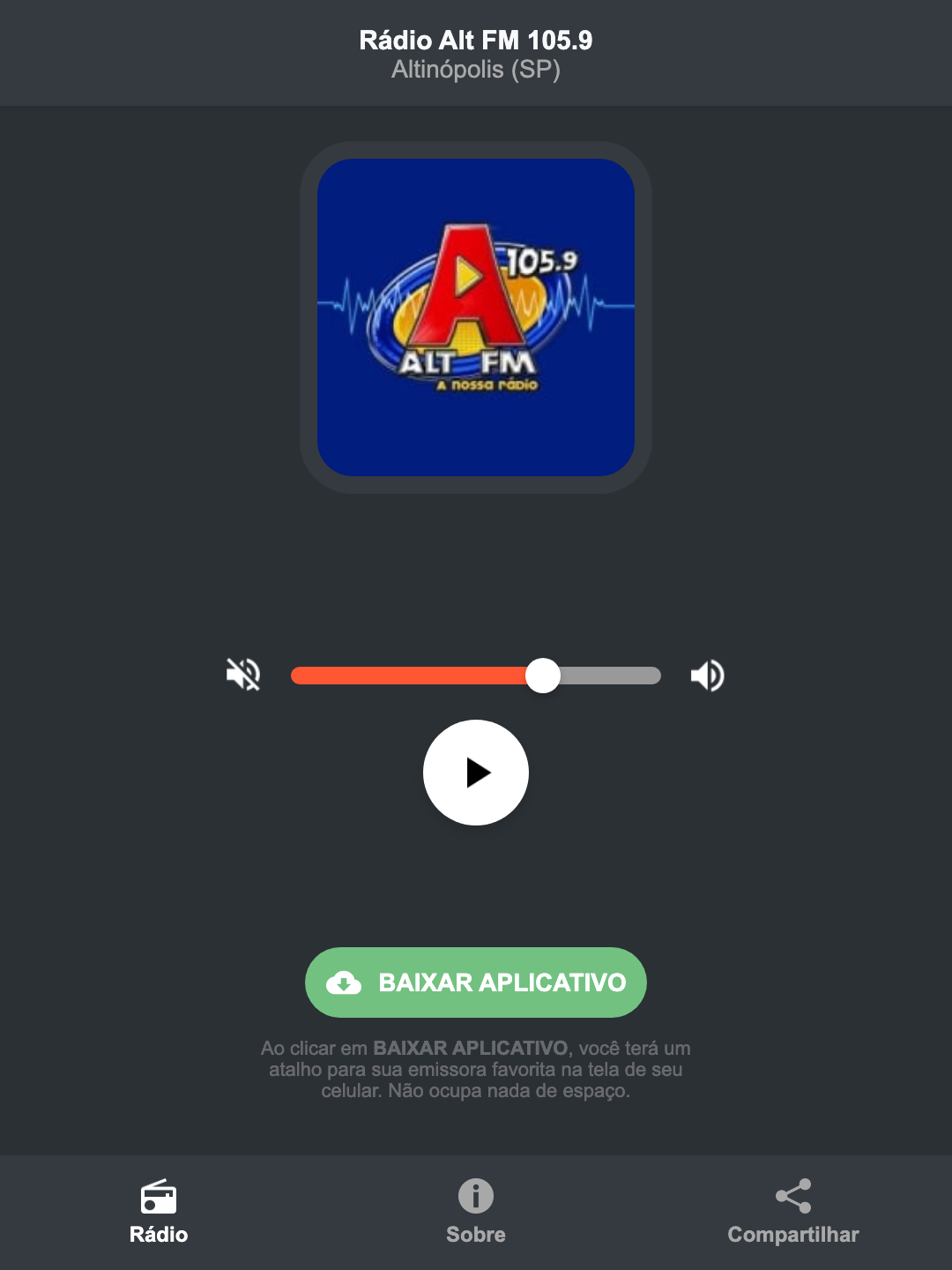 Screenshot do aplicativo da Rádio Alt FM 105.9