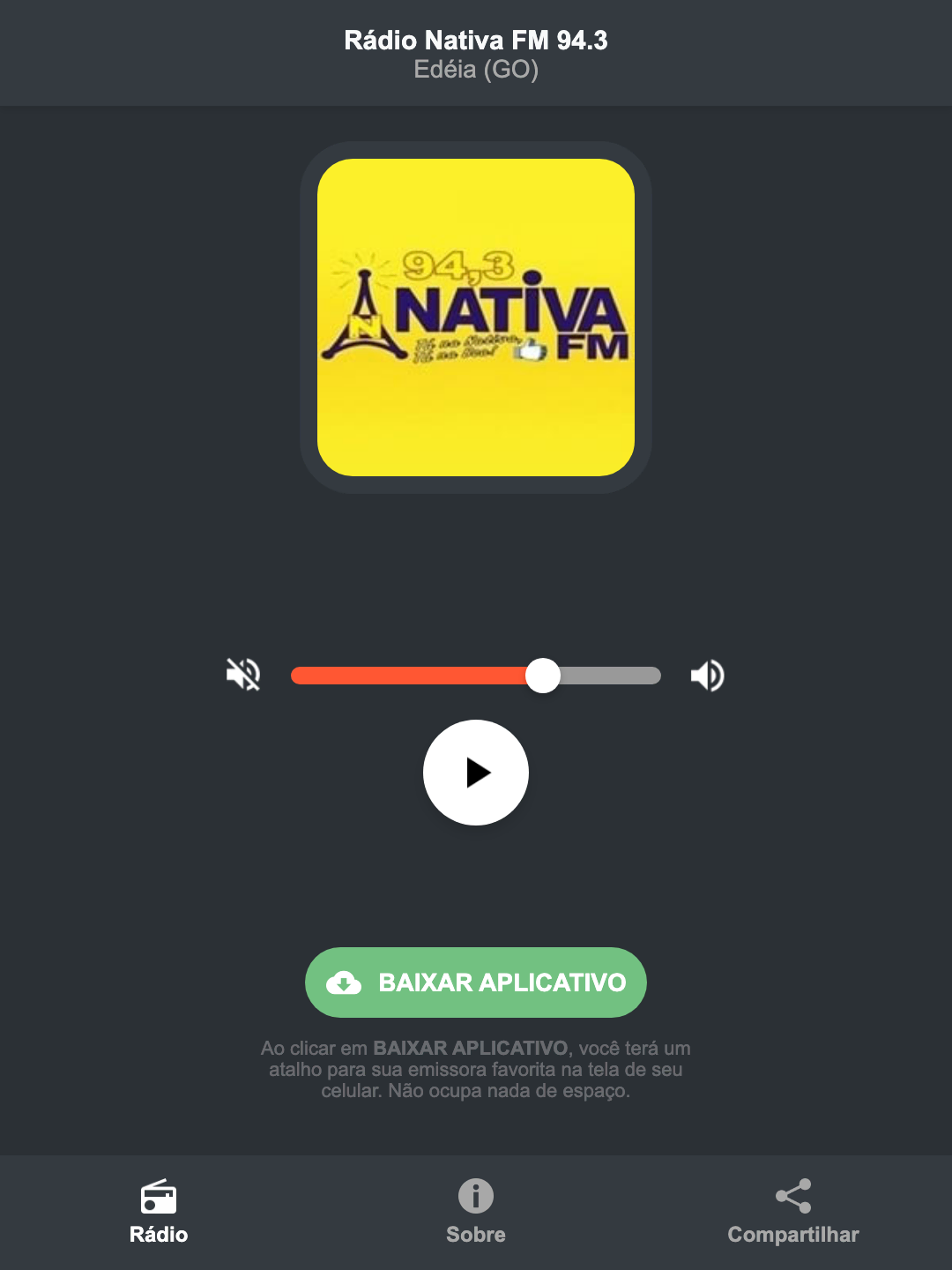 Screenshot do aplicativo da Rádio Nativa FM 94.3