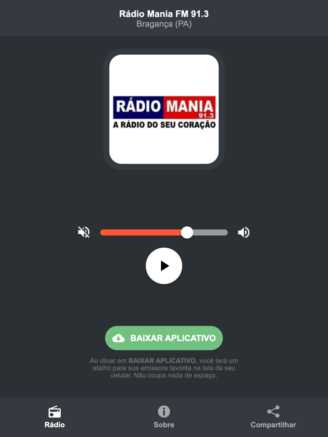 Screenshot do aplicativo da Rádio Mania FM 91.3