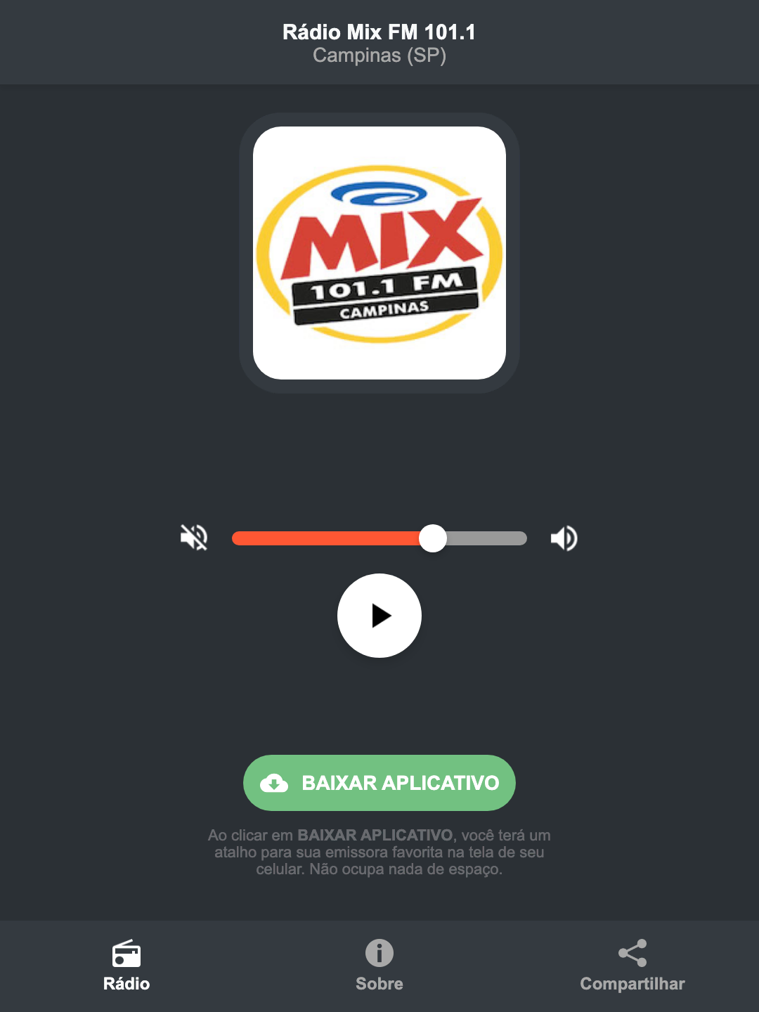 Screenshot do aplicativo da Rádio Mix FM 101.1