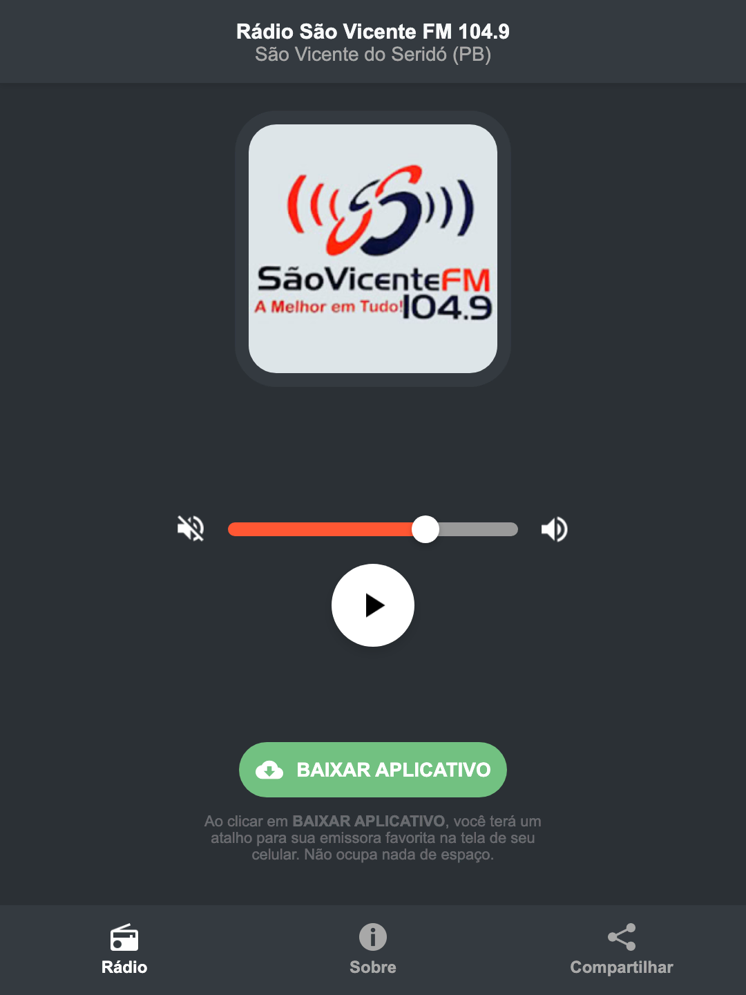 Screenshot do aplicativo da Rádio São Vicente FM 104.9