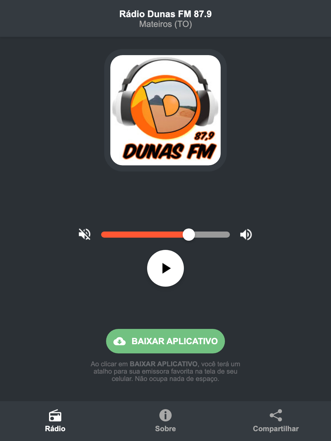 Screenshot do aplicativo da Rádio Dunas FM 87.9