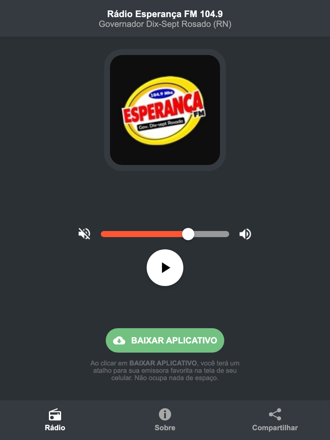 Screenshot do aplicativo da Rádio Esperança FM 104.9