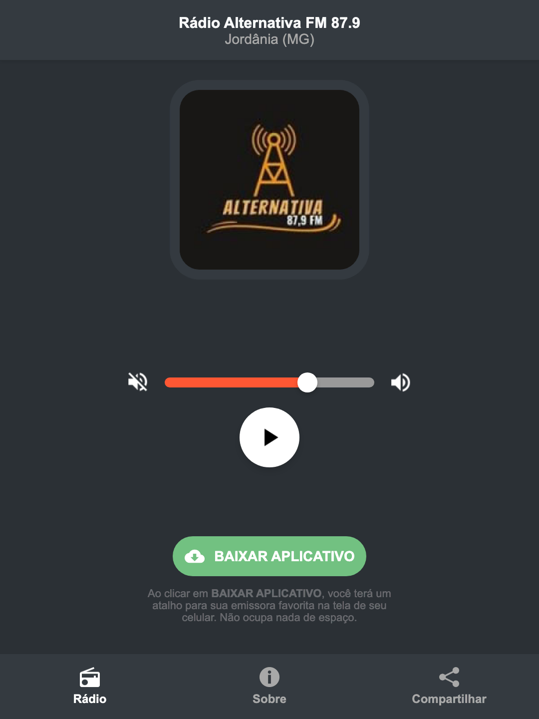 Screenshot do aplicativo da Rádio Alternativa FM 87.9