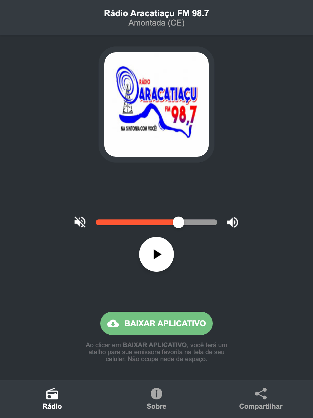 Screenshot do aplicativo da Rádio Aracatiaçu FM 98.7
