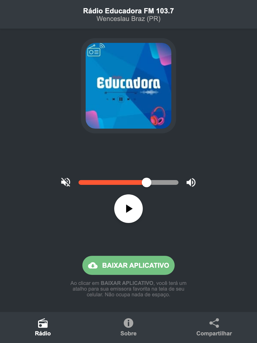 Screenshot do aplicativo da Rádio Educadora FM 103.7