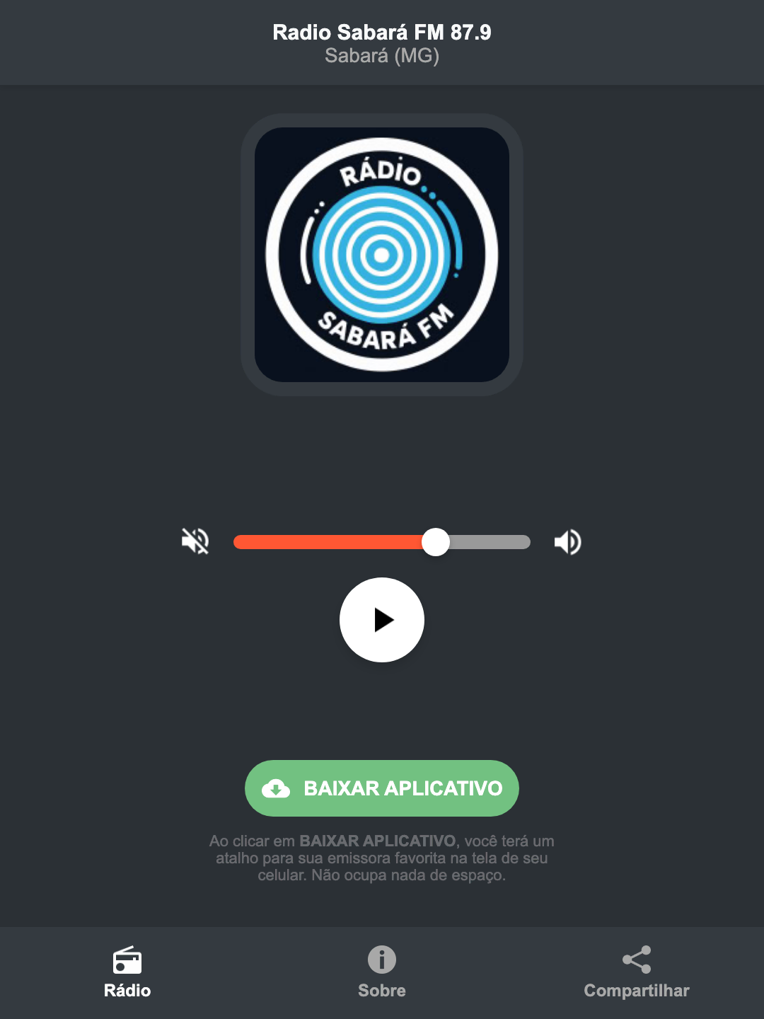 Screenshot do aplicativo da Radio Sabará FM 87.9