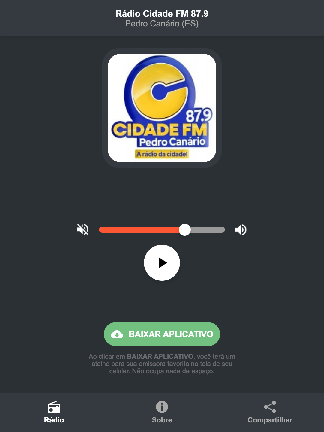 Screenshot do aplicativo da Rádio Cidade FM 87.9
