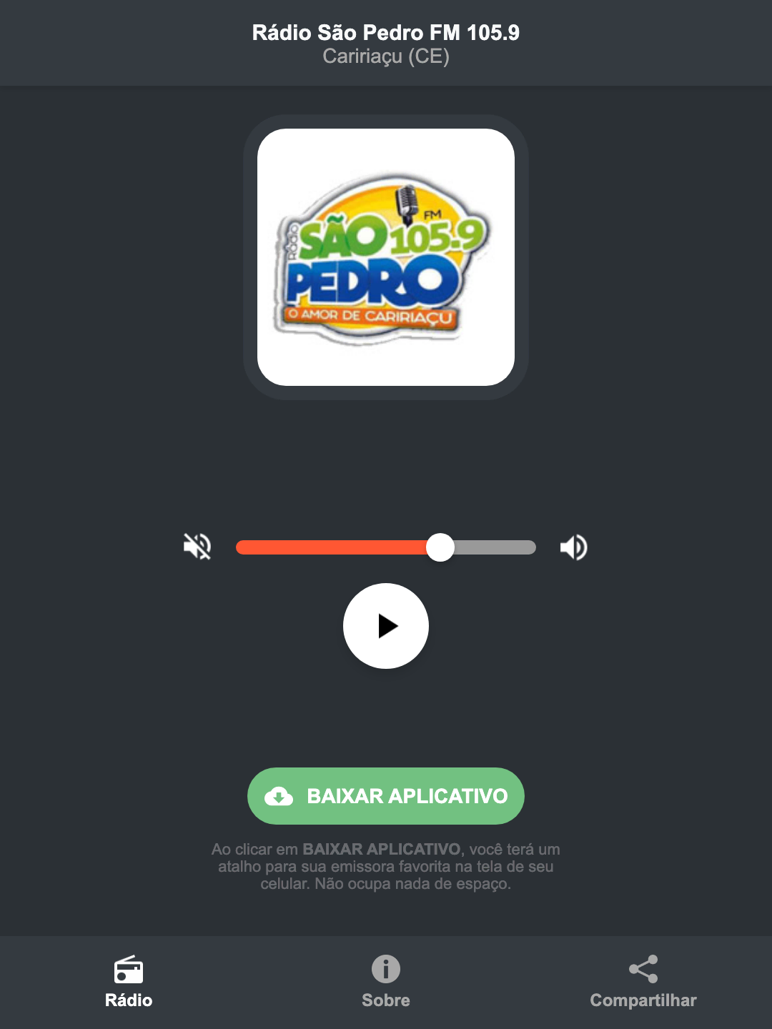 Screenshot do aplicativo da Rádio São Pedro FM 105.9