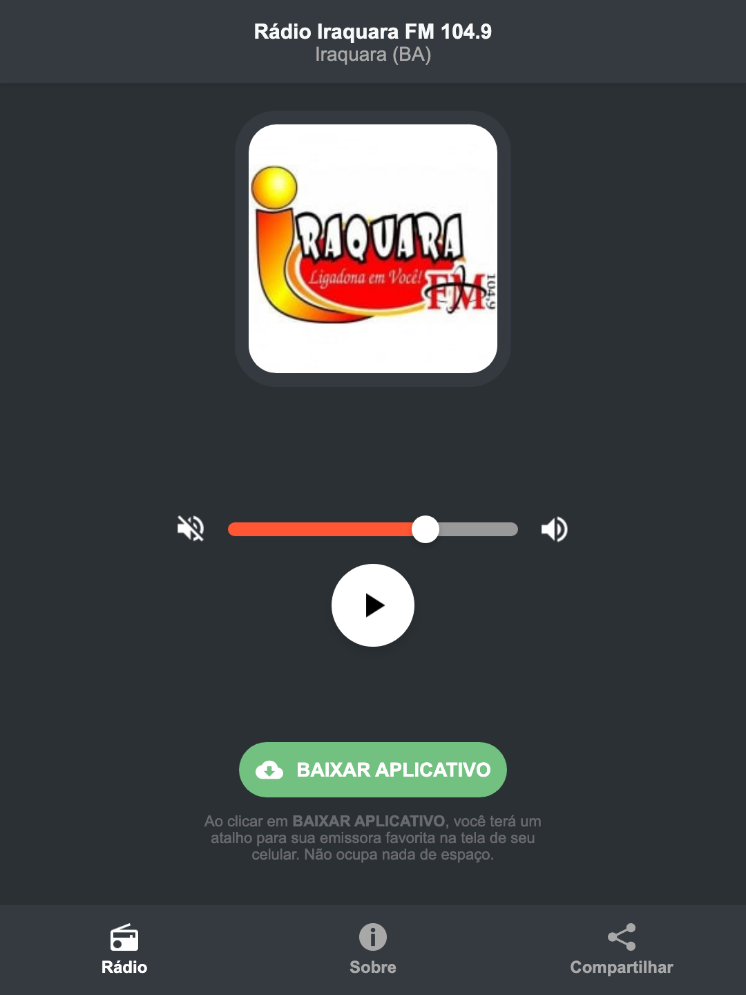 Screenshot do aplicativo da Rádio Iraquara FM 104.9
