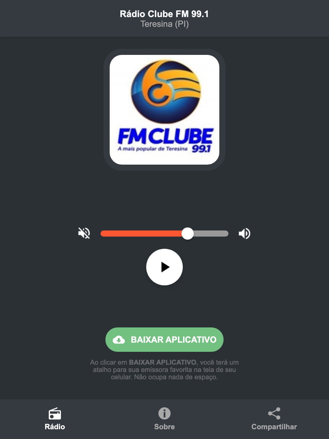 Screenshot do aplicativo da Rádio Clube FM 99.1