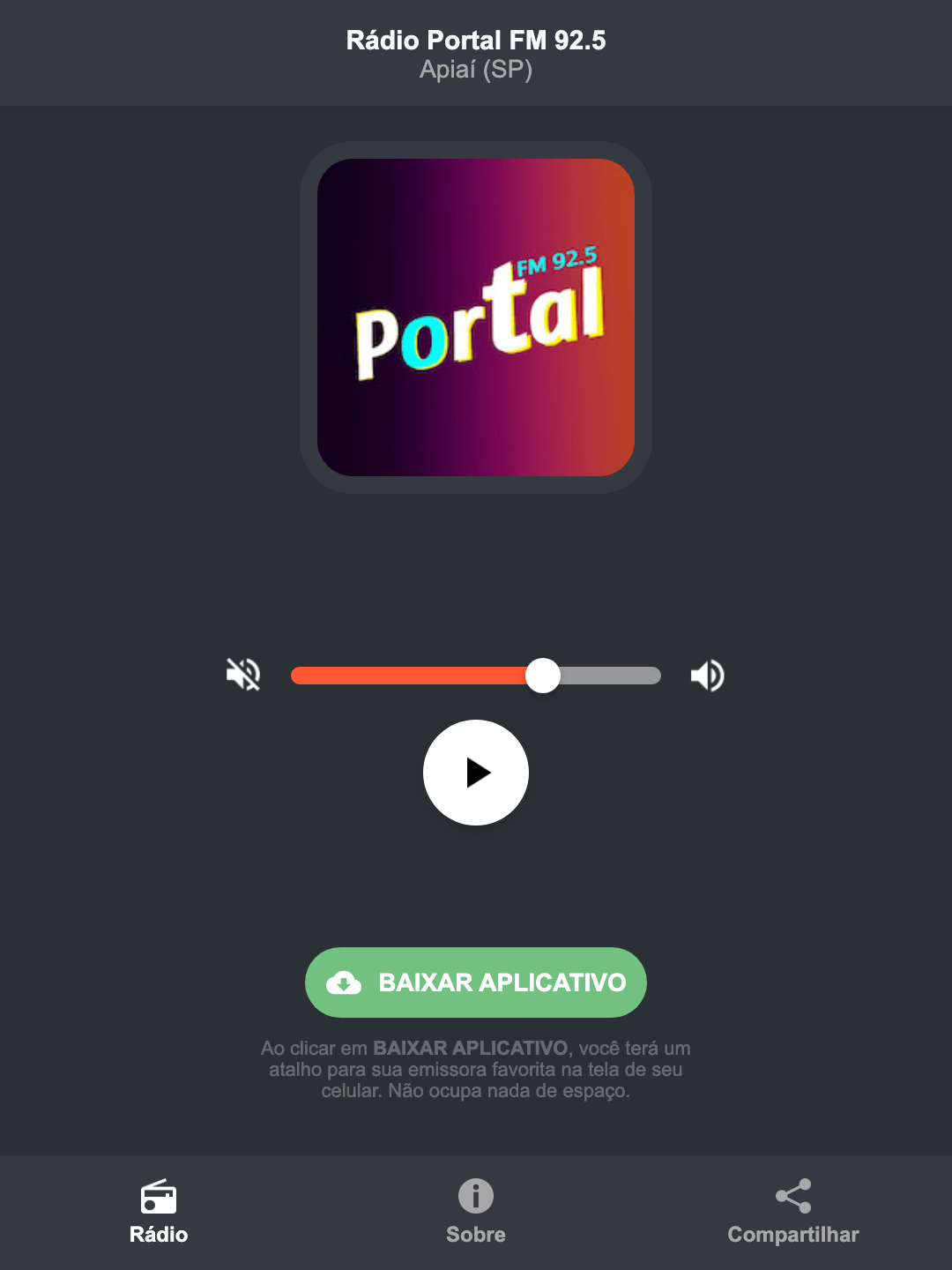 Screenshot do aplicativo da Rádio Portal FM 92.5