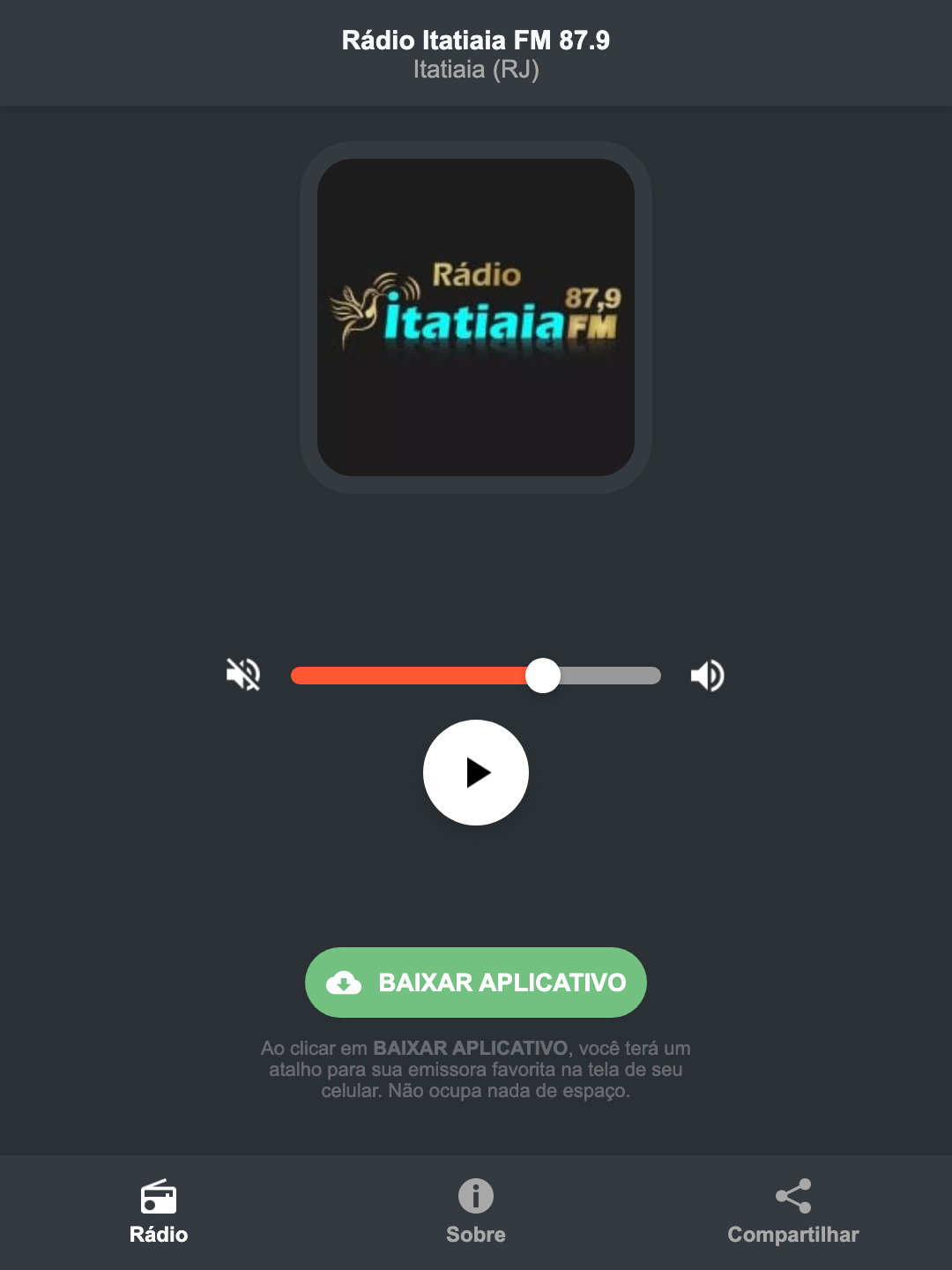 Screenshot do aplicativo da Rádio Itatiaia FM 87.9